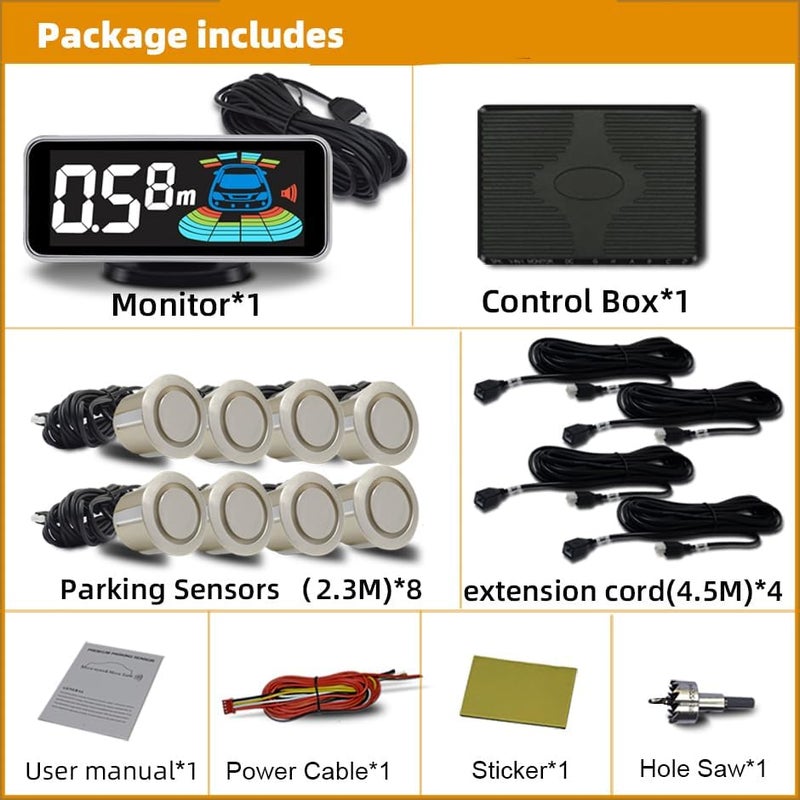 ELSNU Car 8 Parking Sensors Kit Assist System Reverse Front and Rear Reverse Radar parktronic Auto Electronics Vehicle Back Assistant Reverse (Gold) - Image 2